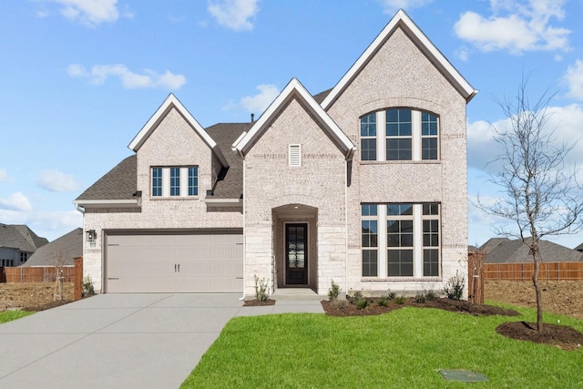 french country style house featuring brick siding, fence, driveway, and an attached garage