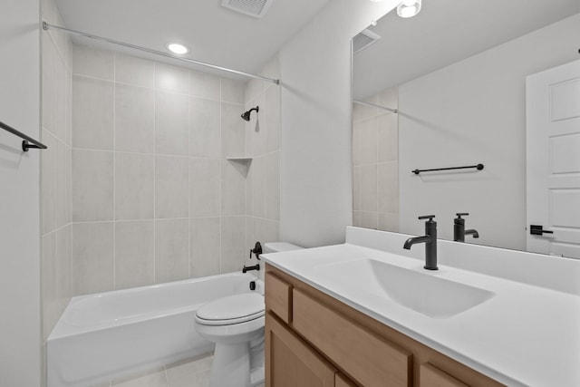 bathroom featuring visible vents, toilet, tile patterned flooring, vanity, and shower / bathing tub combination