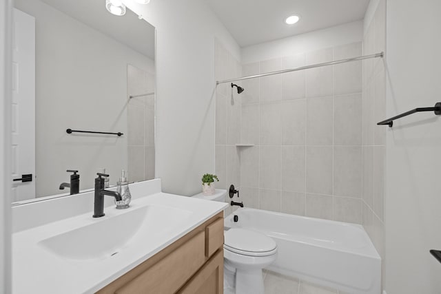 full bath featuring toilet, shower / tub combination, tile patterned floors, vanity, and recessed lighting