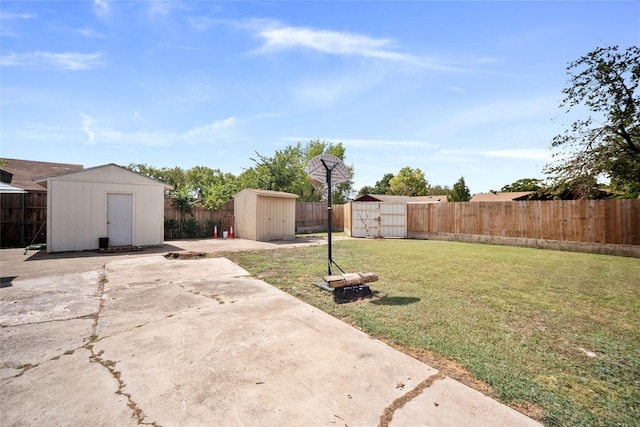 view of yard featuring a patio area and a storage unit