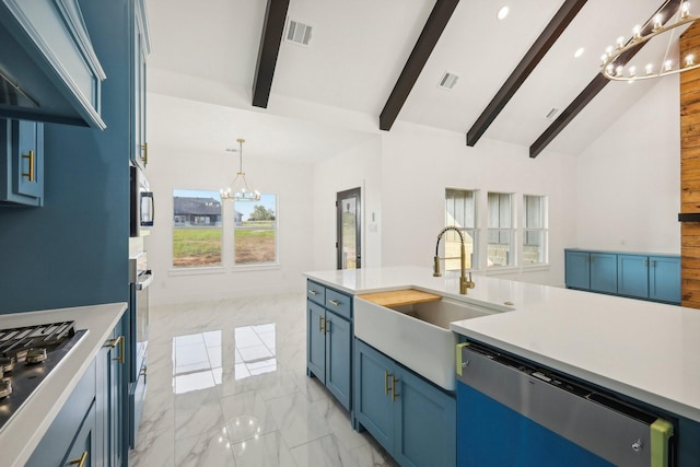 kitchen with sink, range hood, stainless steel appliances, lofted ceiling with beams, and blue cabinets