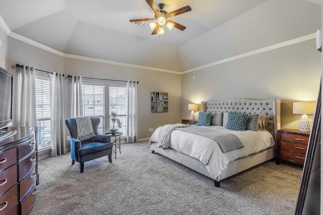 carpeted bedroom featuring ceiling fan, ornamental molding, and lofted ceiling