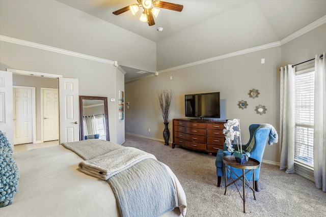 bedroom featuring ceiling fan, ornamental molding, vaulted ceiling, and light carpet