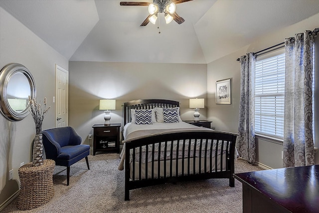 bedroom featuring lofted ceiling, carpet flooring, and ceiling fan