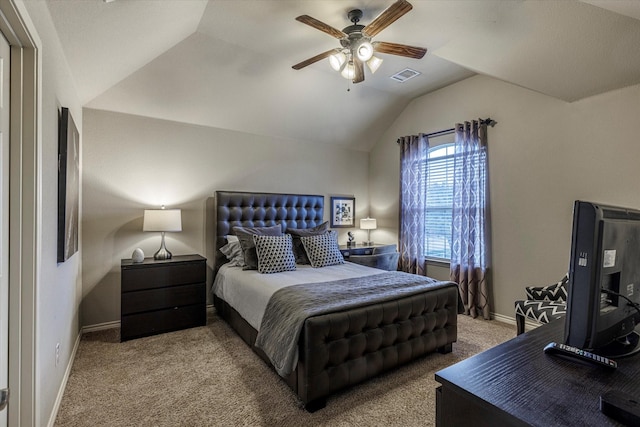 bedroom featuring lofted ceiling, carpet floors, and ceiling fan