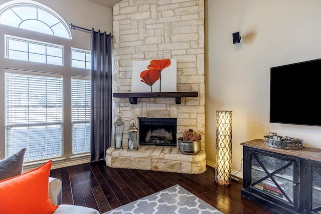 living room featuring a fireplace and dark hardwood / wood-style flooring