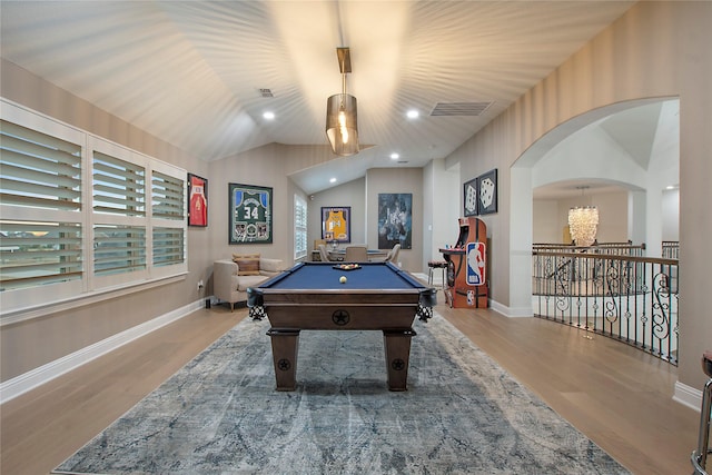 playroom with lofted ceiling, light wood-type flooring, and billiards