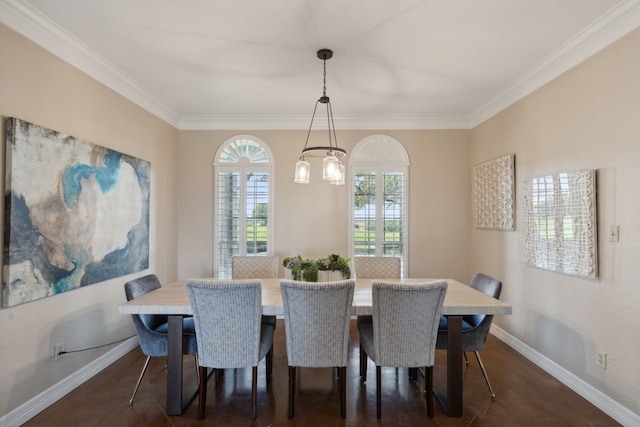 dining space with dark hardwood / wood-style flooring and ornamental molding