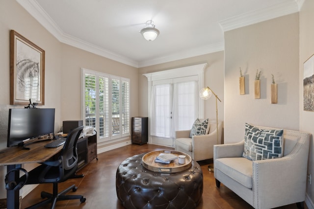 office area with french doors and crown molding