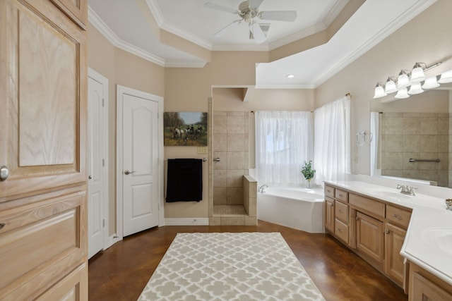 bathroom with tile patterned floors, ornamental molding, vanity, ceiling fan, and shower with separate bathtub