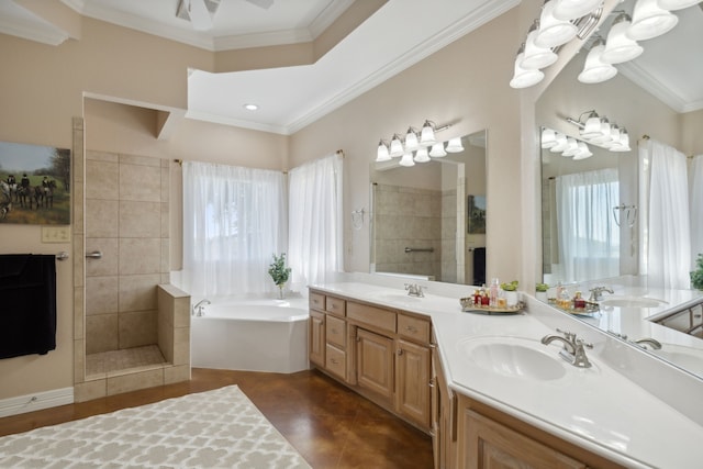 bathroom featuring vanity, independent shower and bath, ceiling fan, and ornamental molding