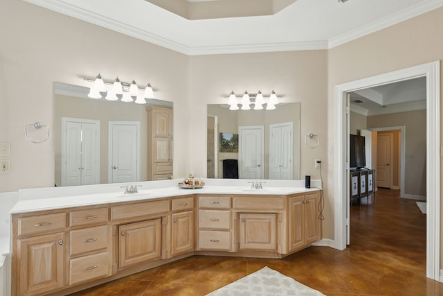 bathroom featuring tile patterned flooring, vanity, and crown molding