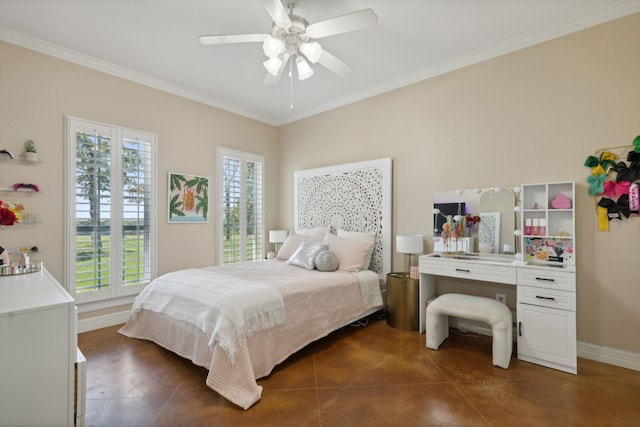 bedroom featuring ceiling fan, dark tile patterned floors, and ornamental molding