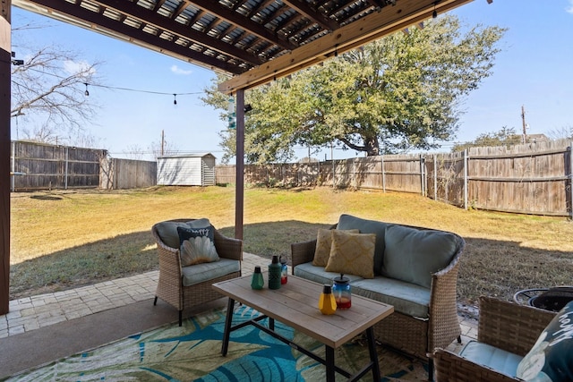 view of patio with a shed