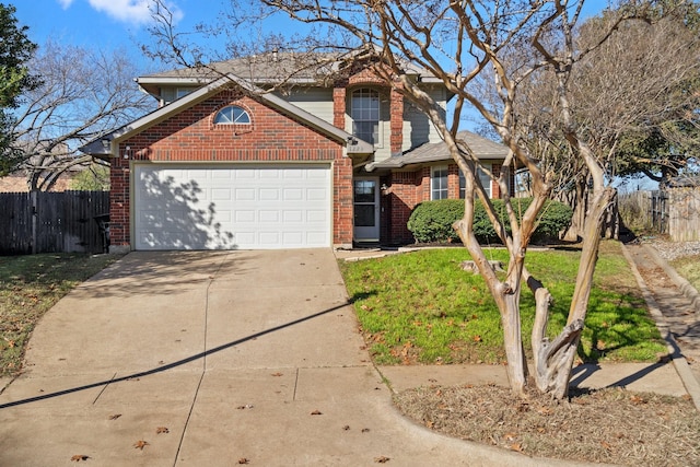 front facade with a garage and a front lawn