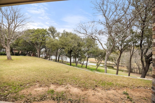 view of community featuring a lawn and a water view