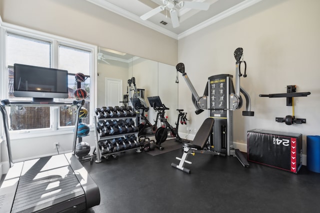 exercise room featuring visible vents, crown molding, baseboards, and ceiling fan