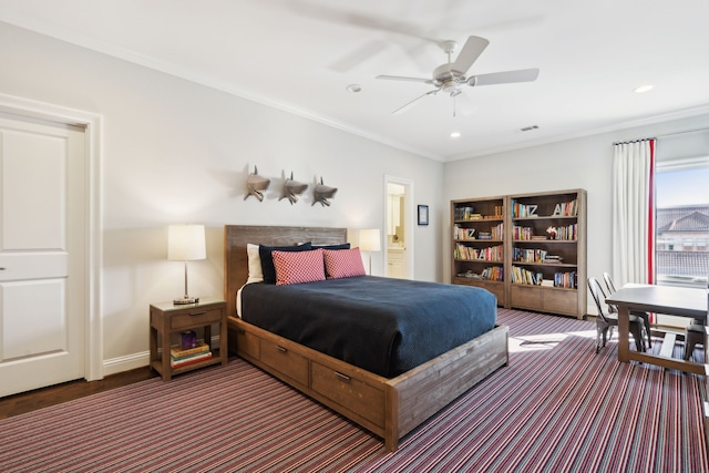 bedroom with baseboards, recessed lighting, visible vents, and crown molding