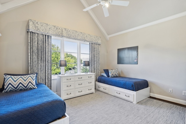 bedroom featuring ceiling fan, high vaulted ceiling, baseboards, beam ceiling, and crown molding