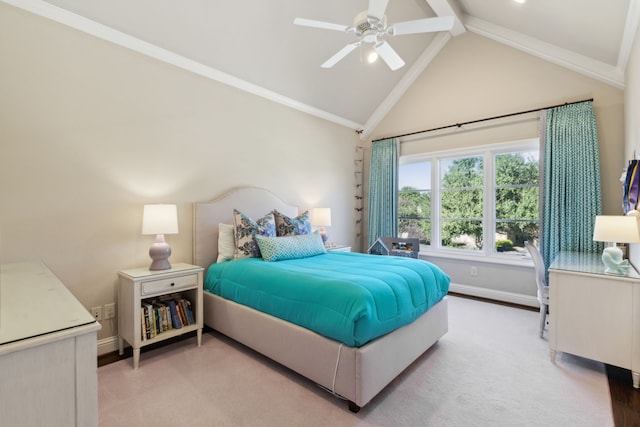 bedroom with carpet, beam ceiling, ceiling fan, high vaulted ceiling, and baseboards