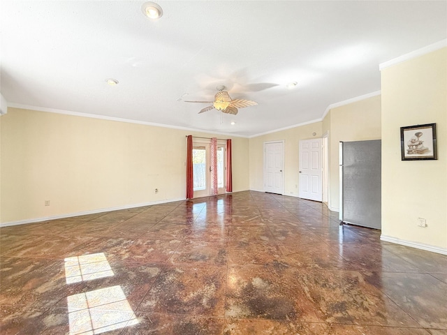 empty room with ceiling fan and ornamental molding