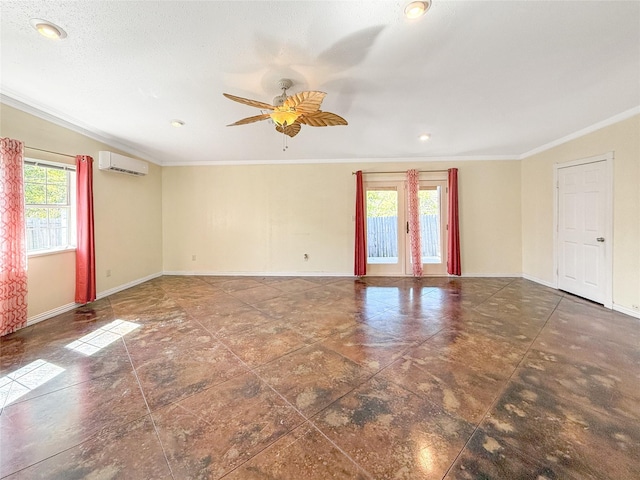 unfurnished room with a wall mounted AC, crown molding, ceiling fan, and a wealth of natural light