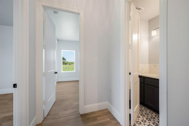 bathroom with wood-type flooring and vanity