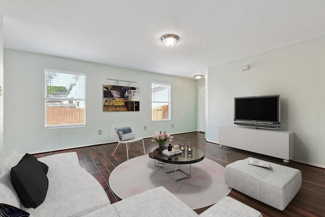 living room with a healthy amount of sunlight and dark wood-type flooring