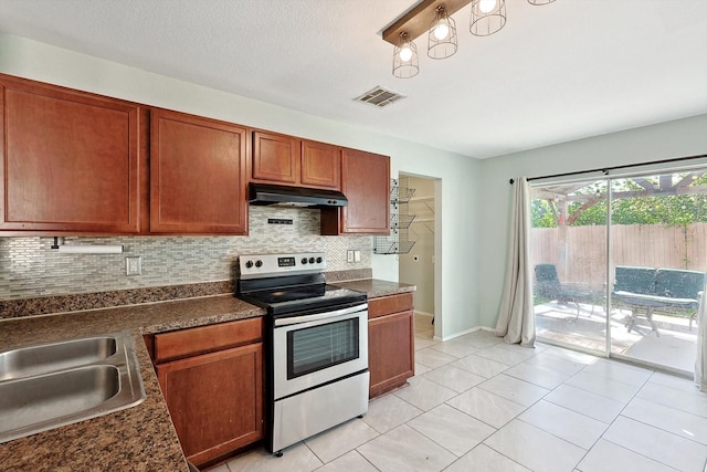 kitchen with sink, light tile patterned floors, tasteful backsplash, a textured ceiling, and stainless steel electric stove