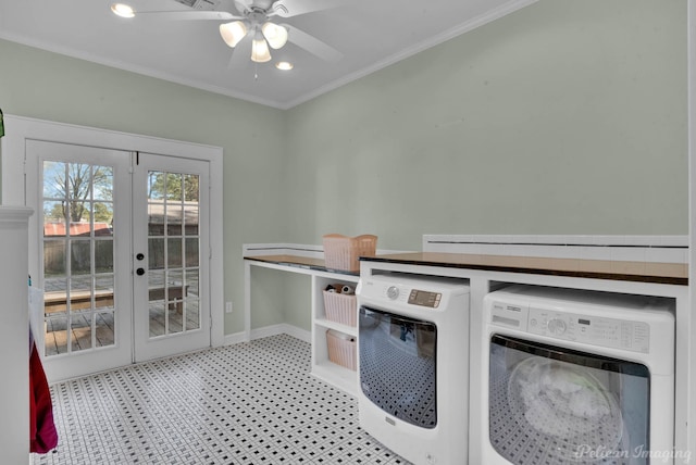 clothes washing area featuring french doors, washer and clothes dryer, ornamental molding, laundry area, and baseboards