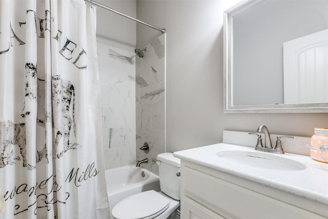 full bathroom with toilet, vanity, and shower / tub combo