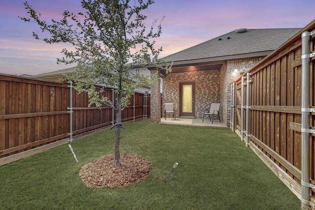 yard at dusk with a patio area