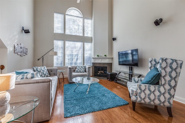 living room with hardwood / wood-style flooring and a high ceiling