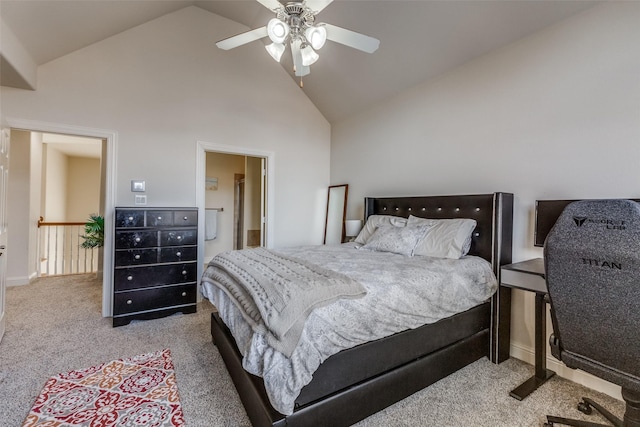 carpeted bedroom featuring high vaulted ceiling and ceiling fan