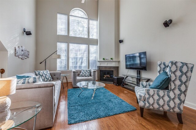 living room with hardwood / wood-style floors and a high end fireplace