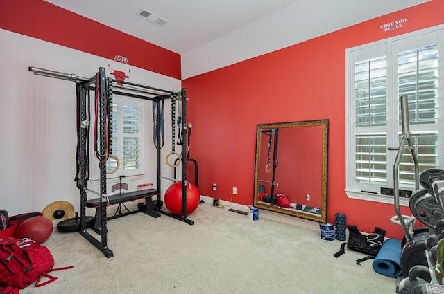 exercise room with carpet flooring