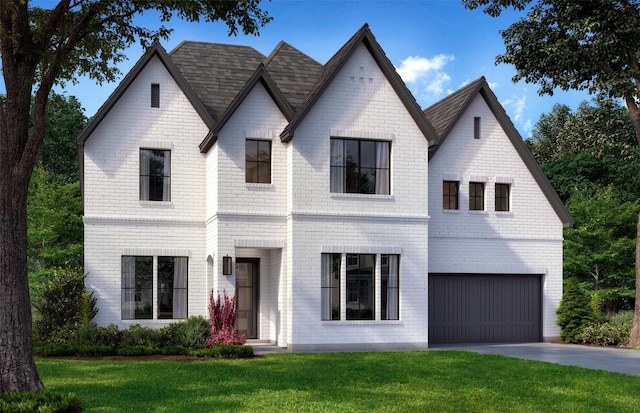 view of front of property with a garage and a front lawn