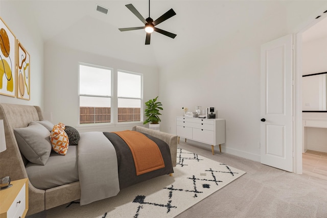 3231 Fisher Rd, Rockwall, TX 75032 - bedroom featuring light carpet, vaulted ceiling, ceiling fan, and baseboards