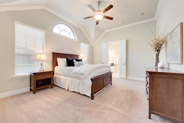 bedroom featuring connected bathroom, ceiling fan, vaulted ceiling, light carpet, and ornamental molding