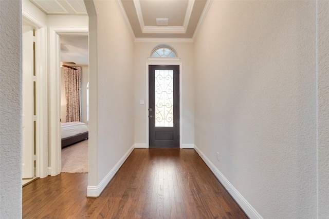 entryway with a raised ceiling, dark hardwood / wood-style flooring, and ornamental molding