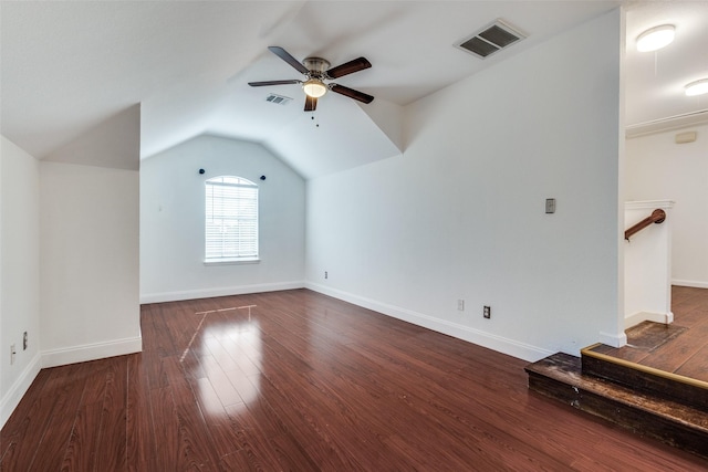 bonus room featuring lofted ceiling, ceiling fan, and dark hardwood / wood-style flooring