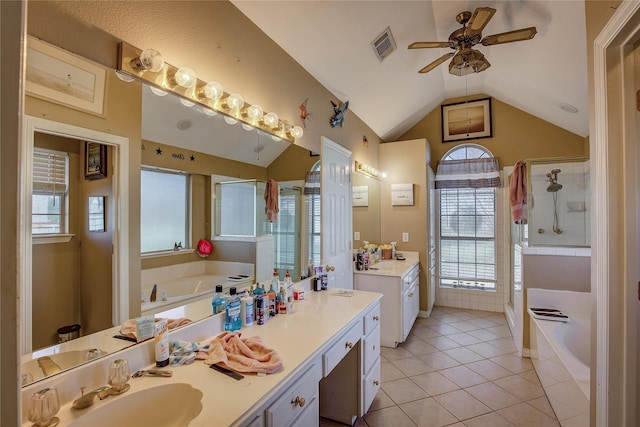 bathroom with tile patterned flooring, vanity, a healthy amount of sunlight, and plus walk in shower