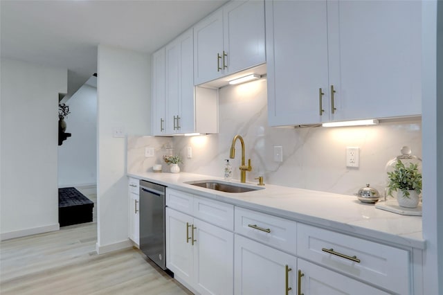 kitchen featuring white cabinets, light stone counters, stainless steel dishwasher, and sink