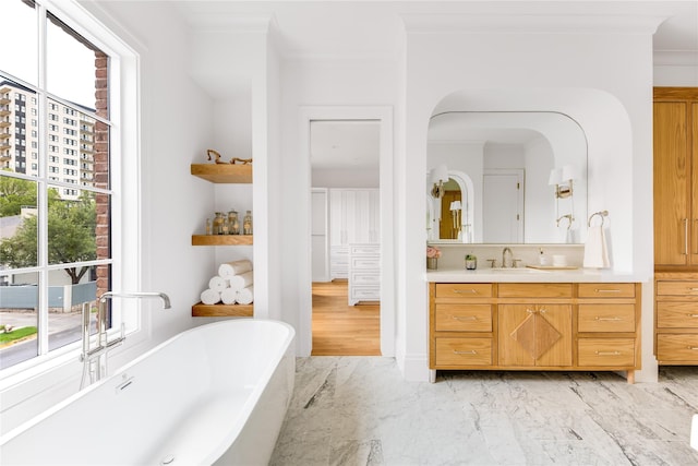 bathroom with crown molding, a washtub, vanity, and plenty of natural light