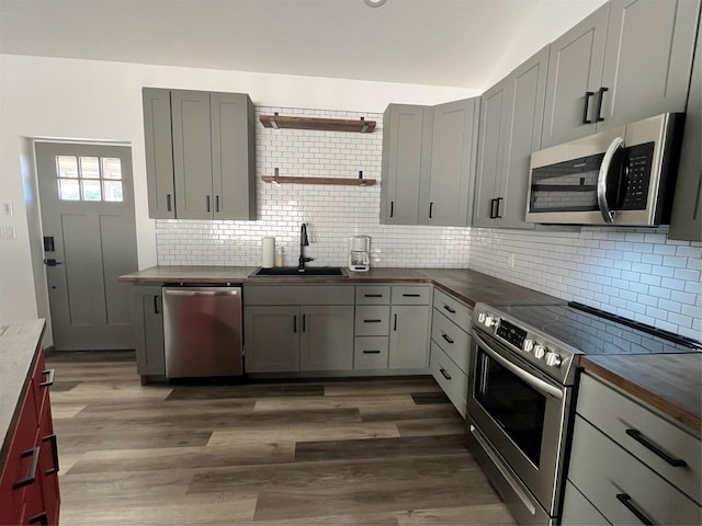 kitchen featuring gray cabinets, appliances with stainless steel finishes, sink, and wood counters