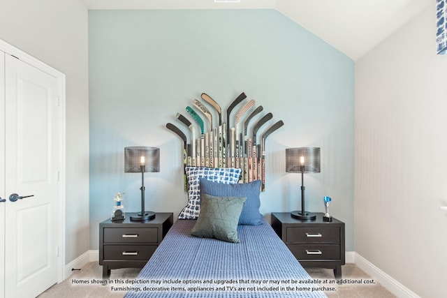 bedroom with light carpet and lofted ceiling