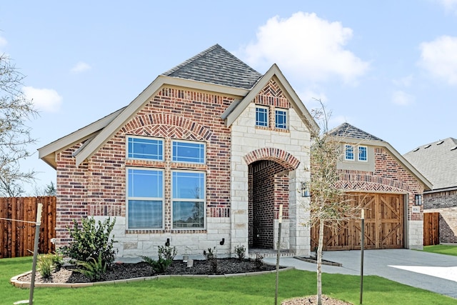 view of front of property with stone siding, brick siding, concrete driveway, and fence