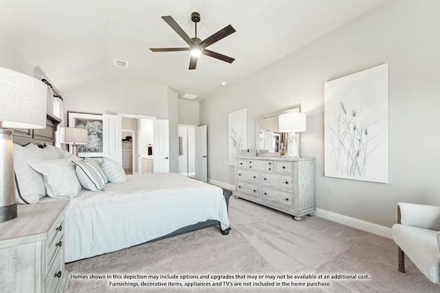 carpeted bedroom featuring ceiling fan and vaulted ceiling