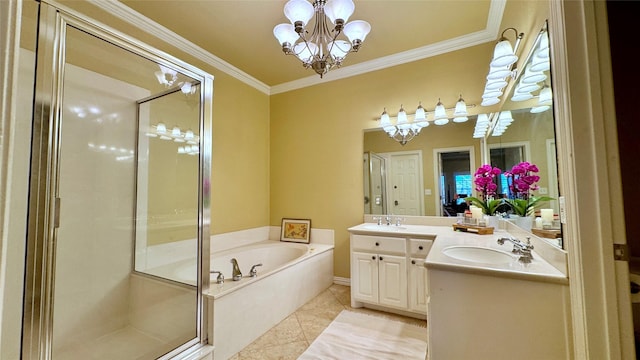 bathroom featuring plus walk in shower, tile patterned flooring, a chandelier, vanity, and ornamental molding