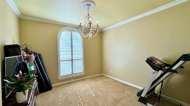 interior space featuring light colored carpet, a chandelier, and ornamental molding